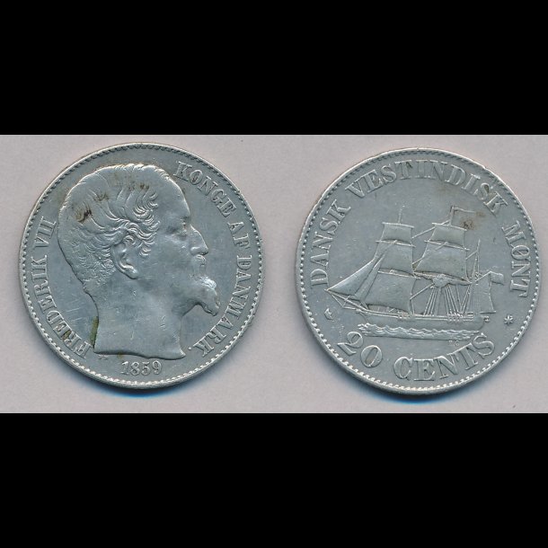1859, Dansk Vestindien, Frederik VII, 20 cents, 1+, lbnr 30