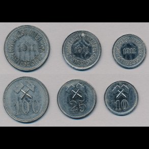 Grnlandsk Minedrift, 1911, 10 re, 25 re, 100 re, komplet st1+