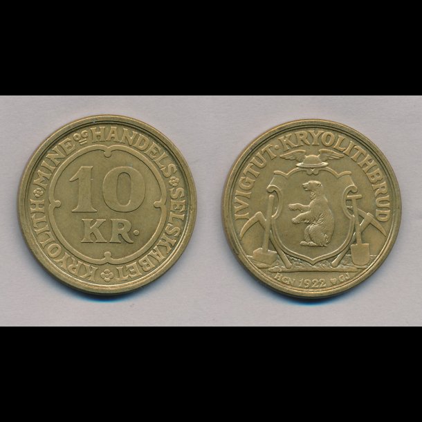 Kryolith Mine &amp; Handelsselskab, 10 kroner, gul, 1922, 01 / 0