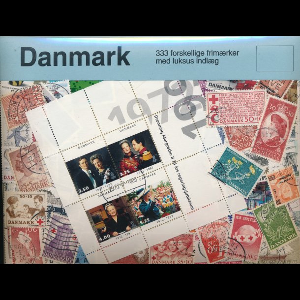 333 forskellige danske frimrker med lukus indlg i gavepakning,