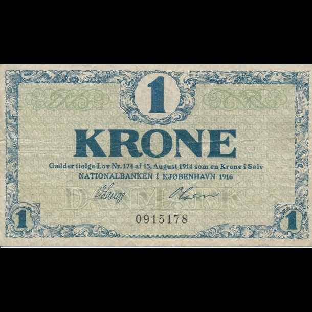 1916, 1 krone, bl, seddel,