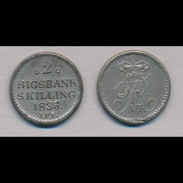 1836, Frederik VI, 2 rigsbank skilling, 1++, H34,
