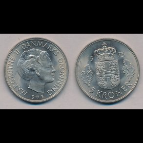 1973, 5 kroner, 01, ucirkuleret, smal rand,
