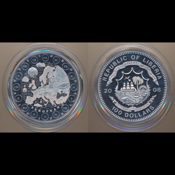 2008, Liberia, Soccer 2008 Europe, 100 dollars, 1 kg silvercoin, slvmnt, 999Ag,