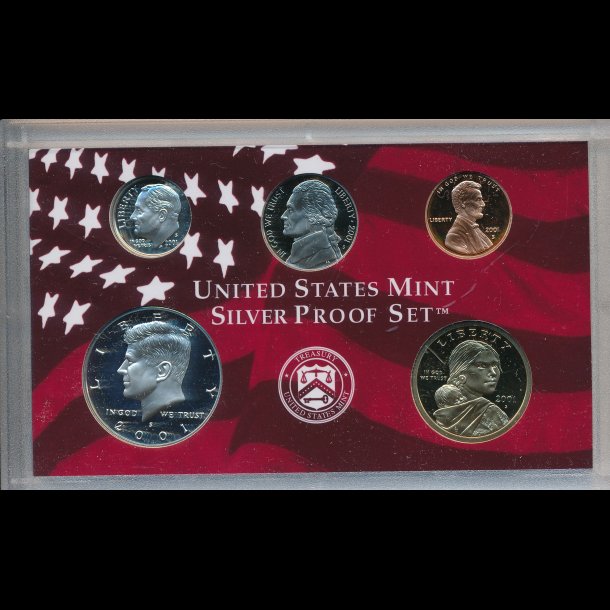 2001, USA, silver proof set, indeholder bl.a. 1 slv dime og 1  dollar,