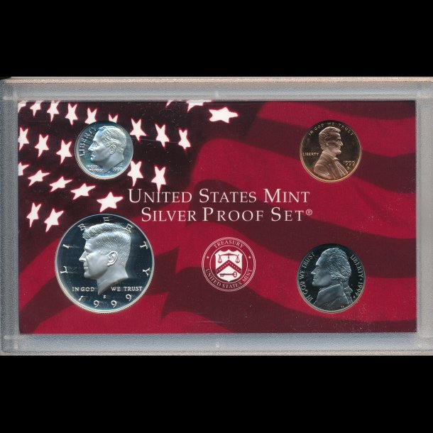 1999, USA, silver proof set, indeholder bl.a. 1 slv dime og 1  doller,
