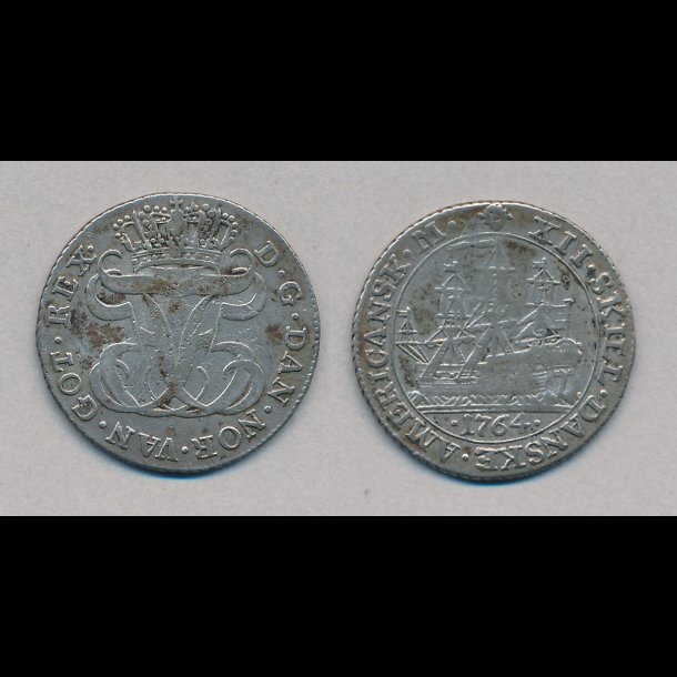 1764, Dansk Vestindien, Frederik V, 12 skilling, S6, 1+,
