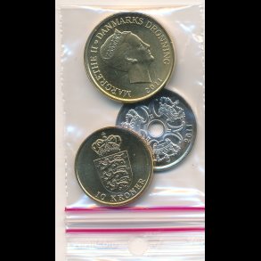 2011, mntst fra ruller, bestr af 2-, 10-, og 20 krone,