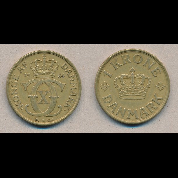 1934, Christian X, 1 krone, 1(+), NEDSAT fra 65,-kr