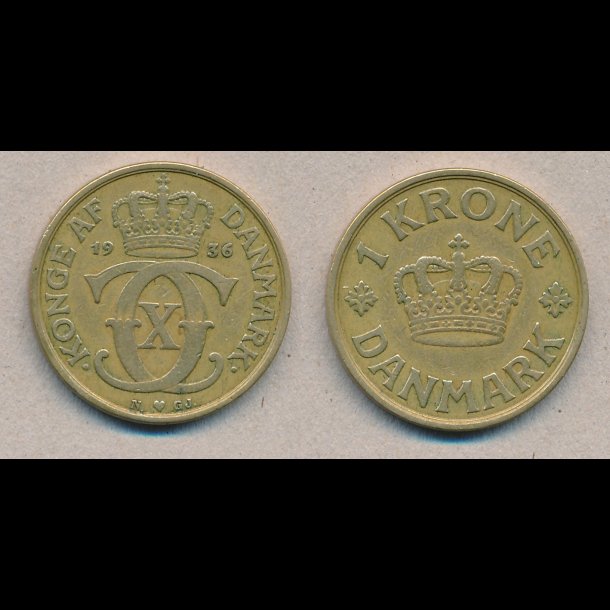 1936, Christian X, 1 krone, 1(+), gul 1 krone,