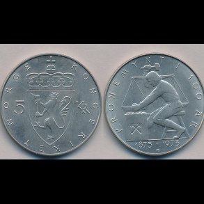 1975, Norge, 5 kroner, Kronemynt i 100 r,