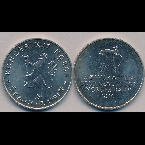 1991, Norge, 5 kroner, Slvskatten grundlag for Norges bank 1816,