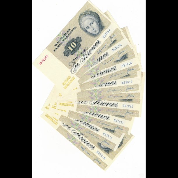 1978, 10 kroner sedler, 9 stk, heraf en foldet,