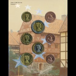 2002, Danmark, Danske prve euro st, 1,2,5,10,20,50 cent, 1,2 euro, papomslag,