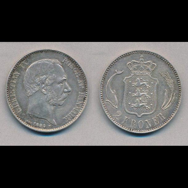 1899, 2 kroner, slvmnt, 1++, pudset, NEDSAT fra 950,-