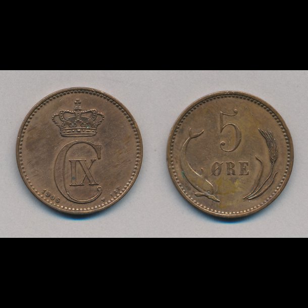 1906, 5 re, 1+, renset, NEDSAT fra 90,kr,