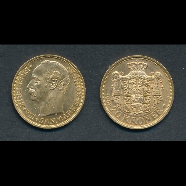 1908,  Frederik VIII, 20 kroner, 01, guldm�nt,