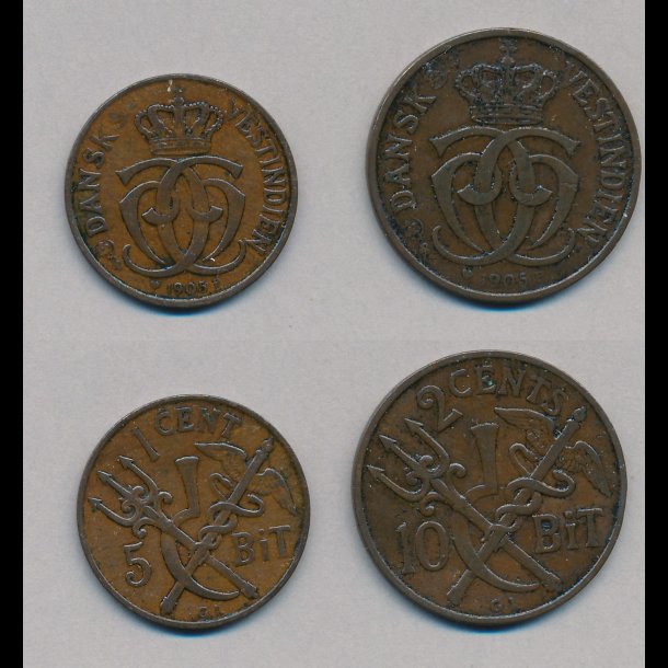 1905, Dansk Vestindien, 5 bit, 10 bit, 1+, 2 mnter,