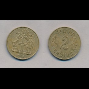 1966, Island, 2 kronur, dobbelt tykkelse, vgt ca 11,5 gram,