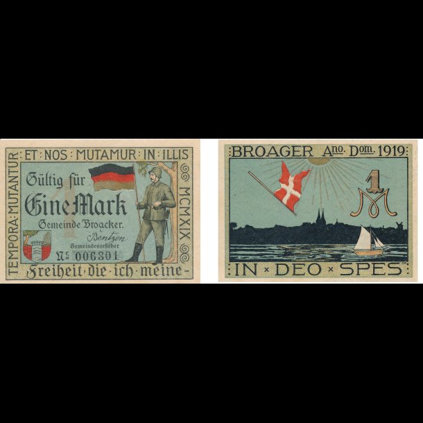 1919, 1 mark, Broager, 0, Sieg 21, ndpengeseddel, Snderjylland, 1896, *