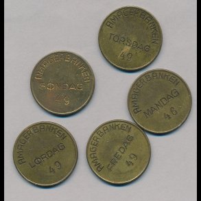 Bankbokspoletter fra Amagerbanken, 5 stk, forskellige ugedage, alle nr 49,