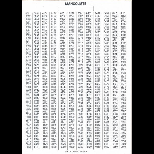 Mankoliste blok, 0001-4200, 10 stk,