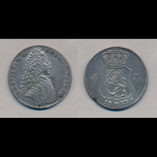 1733, Christian VI, 6 mark, kronerigsdaler/Rejsedaler,