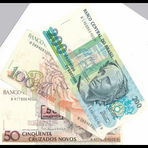 Brasilien, 50 cruzados, 100-, 200 cruzeiros, 5001/q,*