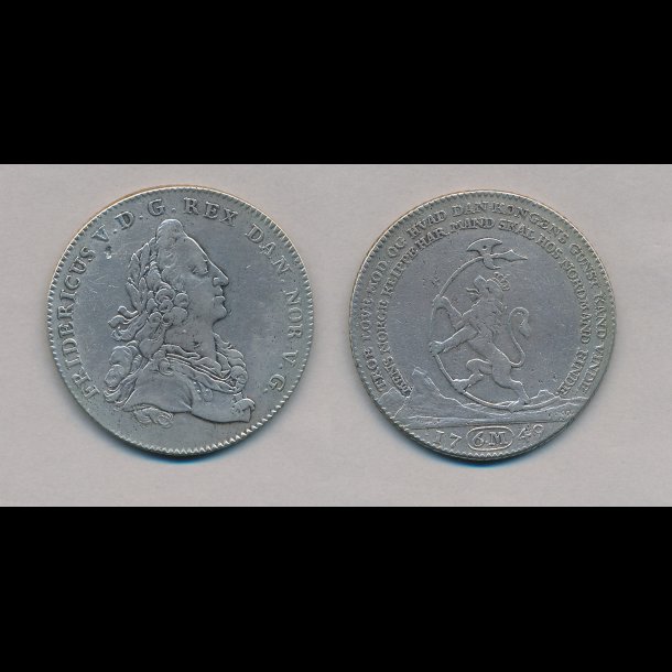 1749, Frederik V, 6 mark, rejsedaler, kronerigsdaler, 1+,