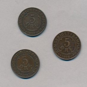 ,3 forskellige 5 re, 1907, -08,-12, kvalitet 1 eller bedre, lbnr 0005, NEDSAT fra 90,-kr,
