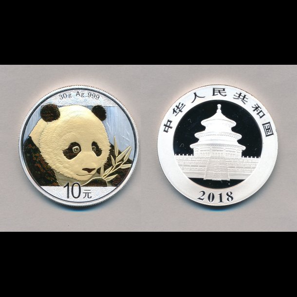 2018, Kina, Panda, 10 yuan, 1 oz slv med guld,