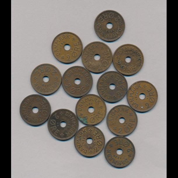  2 re kobber, 1927-40, komplet, 14 forskellige, 0132