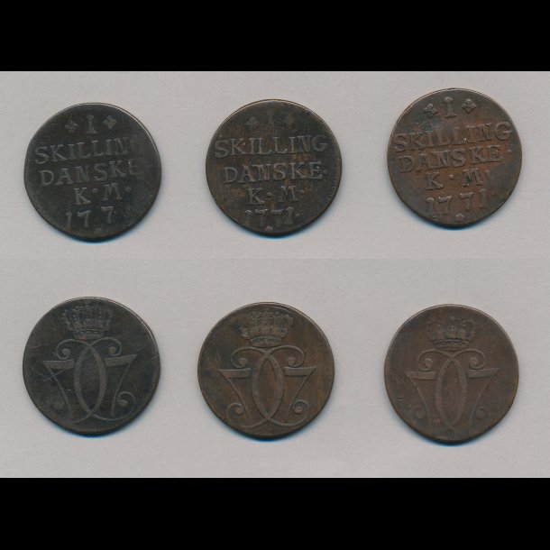 1771, Christian VII, 1 skilling, 3 mnter, lbnr 2,
