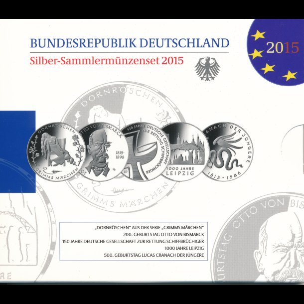 2015, Tyskland, 5 x 10 euro mntst, proof,
