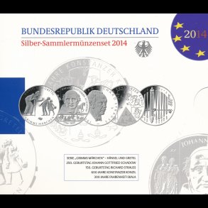 2014, Tyskland, 5 x 10 euro m�nts�t, proof,