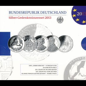 2013, Tyskland, 5 x 10 euro m�nts�t, proof,