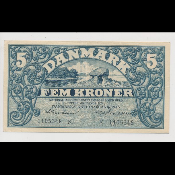 1943, 5 kroner, seddel, 01,
