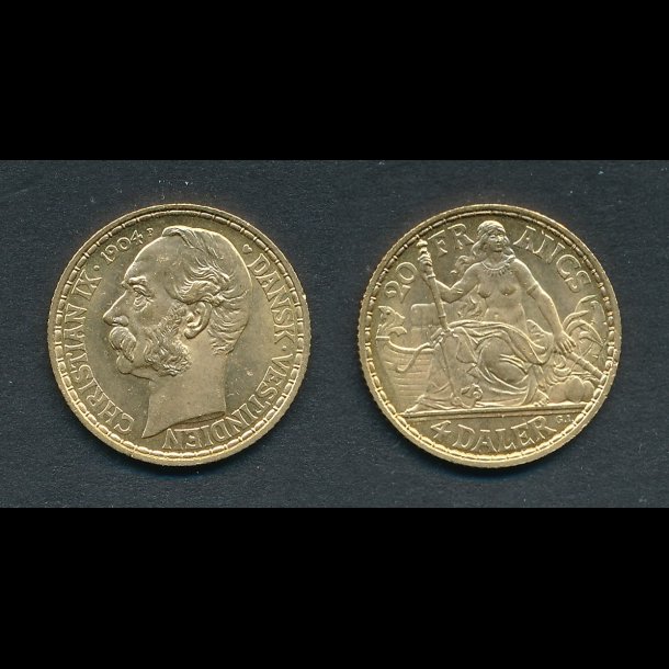 1904, Dansk Vestindien, 20 franc / 4 daler, M, guldmnt,