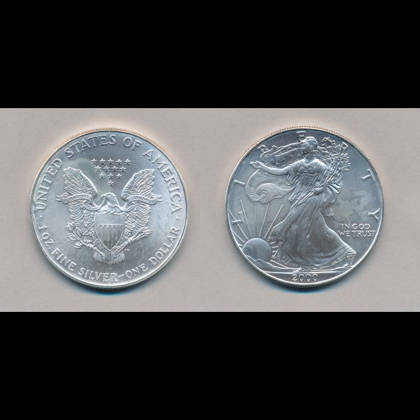 2000, USA, Silver eagle, 1 dollar, 1 oz, slvmnt, NEDSAT fra 500,-kr,