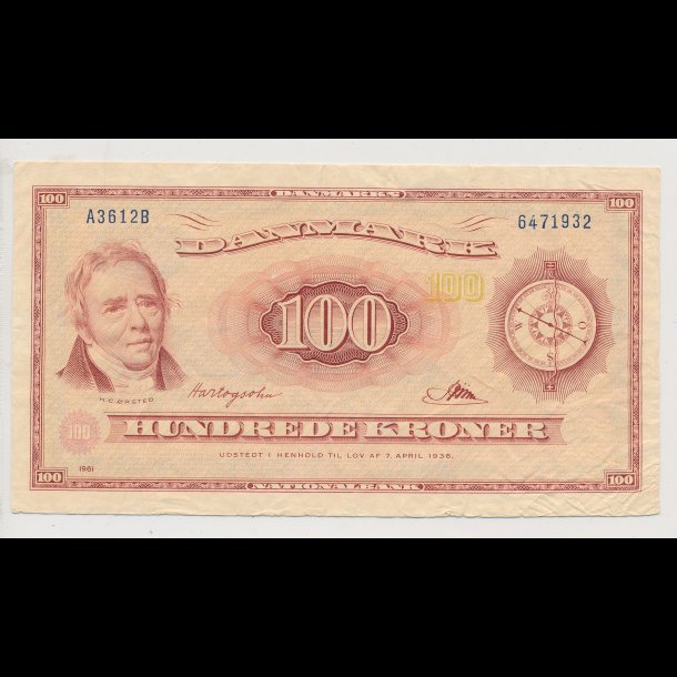 1961, 100 kroner, seddel, 1+,