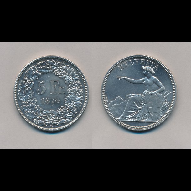 1874, Schweiz, 5 francs, B (Bern), KM 11,