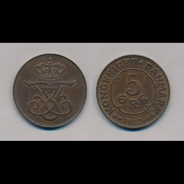 1912, 5 re, 1+, NEDSAT fra 180,-kr,