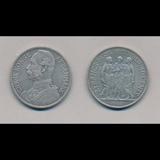 1905, Dansk Vestindien, Christian IX, 2 francs / 40 cents, S 30,