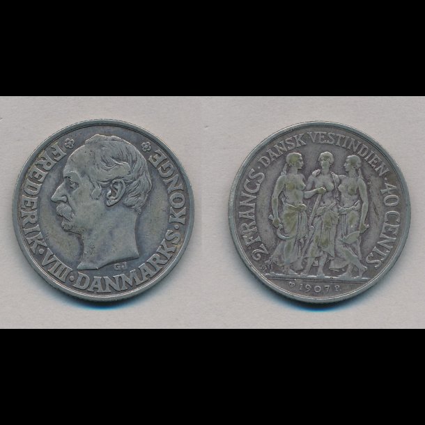 1907, Dansk Vestindien, Frederik VIII, 2 francs / 40 cents, S 34,