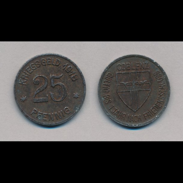 1918, Tyskland, Coblenz, 25 pfennig, 1+, ndpenge,