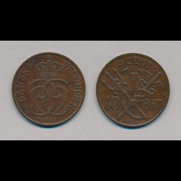 1905, Dansk Vestindien, Christian IX, 2 cents, 1+, S26,