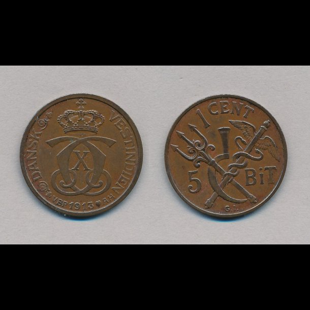 1913, Dansk Vestindien, Christian X, 1 cent, 1+, S 35,