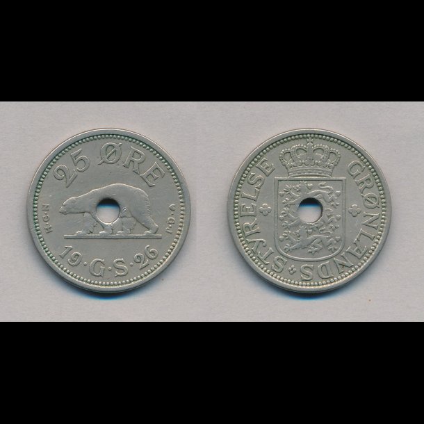 1926, Grnland, 25 re, med hul, 1+,