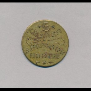 Fuglefjord, 5 kroner, S. P. Petersens Eftf., 1+, pletter,