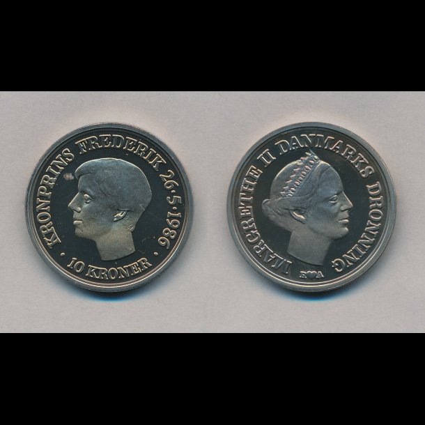 1986, 10 kroner, Kronprins Frederiks 18 rs fdselsdag, cuni, uden omslag, med plet, proof,